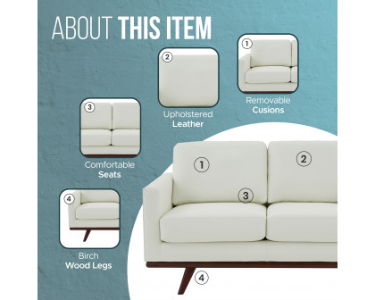 LeisureMod Chester Modern Leather Loveseat With Birch Wood Base - White