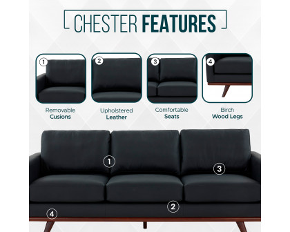 LeisureMod Chester Modern Leather Sofa With Birch Wood Base - Black