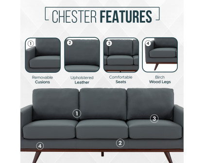 LeisureMod Chester Modern Leather Sofa With Birch Wood Base - Gray