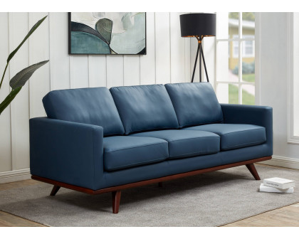 LeisureMod Chester Modern Leather Sofa With Birch Wood Base - Navy Blue