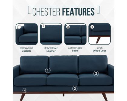 LeisureMod Chester Modern Leather Sofa With Birch Wood Base - Navy Blue