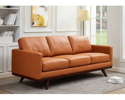 LeisureMod Chester Modern Leather Sofa With Birch Wood Base - Cognac Tan