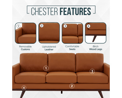 LeisureMod Chester Modern Leather Sofa With Birch Wood Base - Cognac Tan