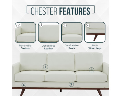 LeisureMod Chester Modern Leather Sofa With Birch Wood Base - White