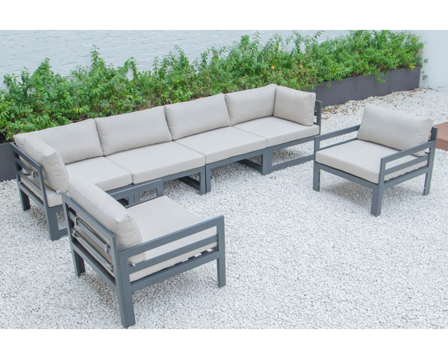 LeisureMod Chelsea 6-Piece Patio Armchair Sectional Black Aluminum with Cushions - Beige