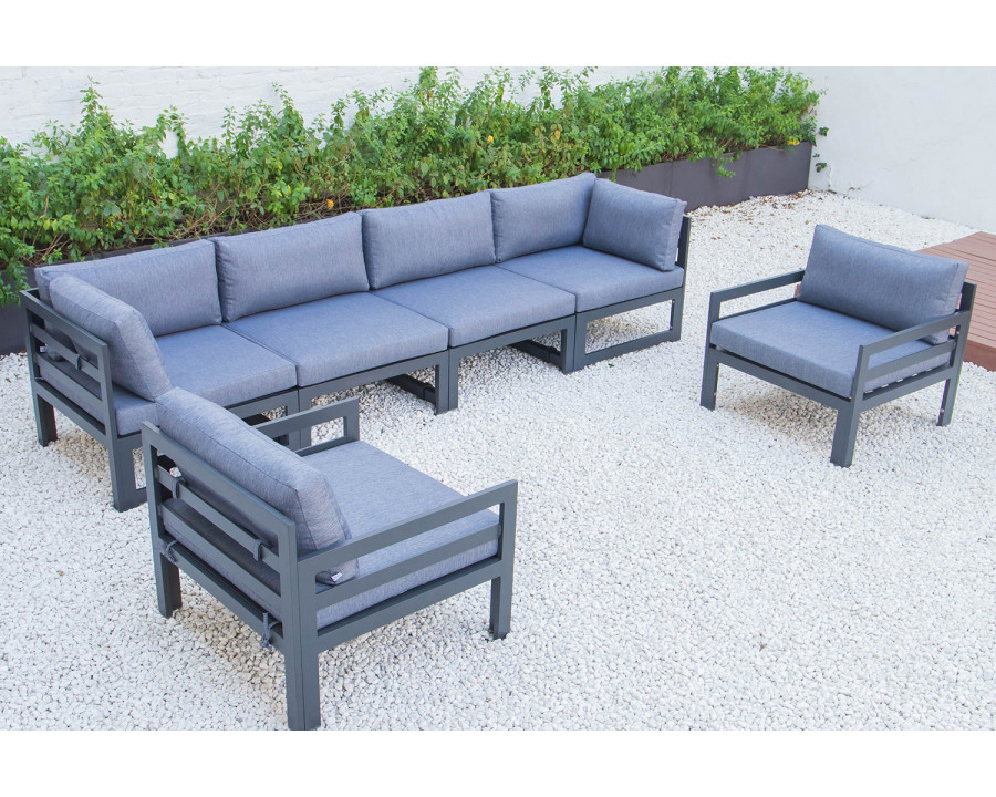 LeisureMod Chelsea 6-Piece Patio Armchair Sectional Black Aluminum with Cushions - Blue