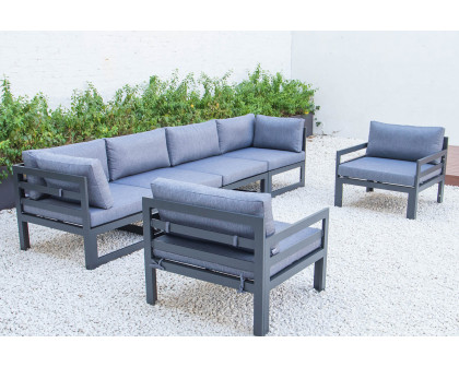 LeisureMod Chelsea 6-Piece Patio Armchair Sectional Black Aluminum with Cushions - Blue