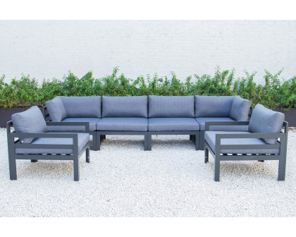 LeisureMod Chelsea 6-Piece Patio Armchair Sectional Black Aluminum with Cushions - Blue