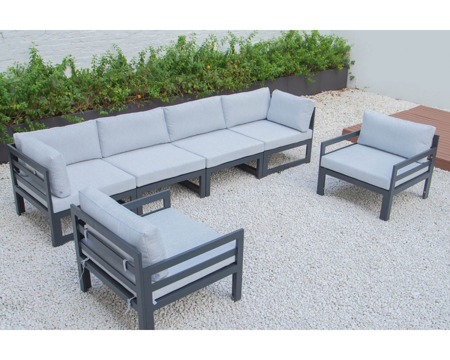 LeisureMod Chelsea 6-Piece Patio Armchair Sectional Black Aluminum with Cushions - Light Gray