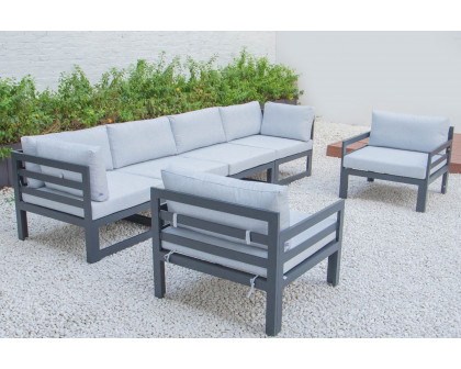 LeisureMod Chelsea 6-Piece Patio Armchair Sectional Black Aluminum with Cushions - Light Gray