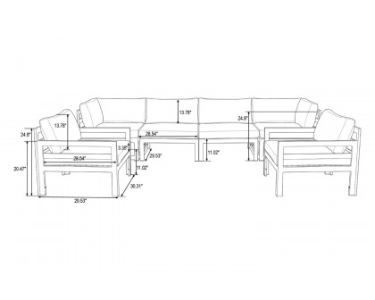 LeisureMod Chelsea 6-Piece Patio Armchair Sectional Black Aluminum with Cushions - Orange