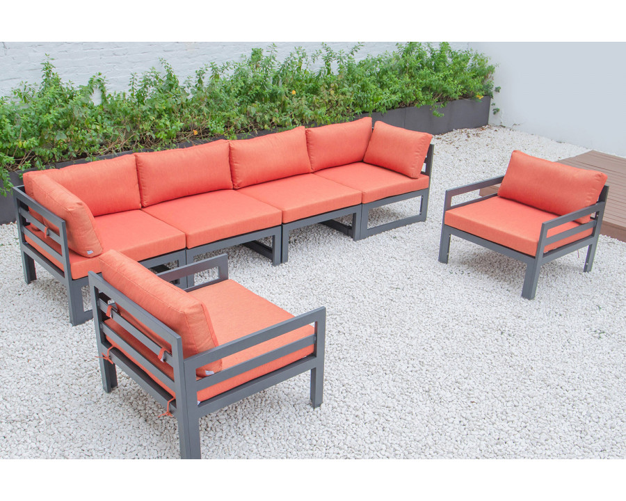 LeisureMod Chelsea 6-Piece Patio Armchair Sectional Black Aluminum with Cushions - Orange