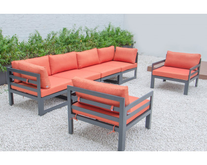 LeisureMod Chelsea 6-Piece Patio Armchair Sectional Black Aluminum with Cushions - Orange