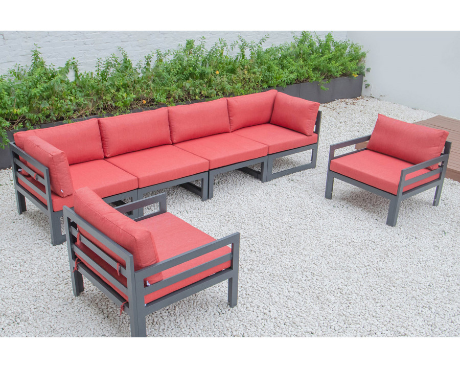 LeisureMod Chelsea 6-Piece Patio Armchair Sectional Black Aluminum with Cushions - Red