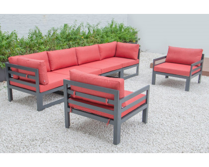 LeisureMod Chelsea 6-Piece Patio Armchair Sectional Black Aluminum with Cushions - Red