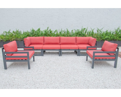 LeisureMod Chelsea 6-Piece Patio Armchair Sectional Black Aluminum with Cushions - Red