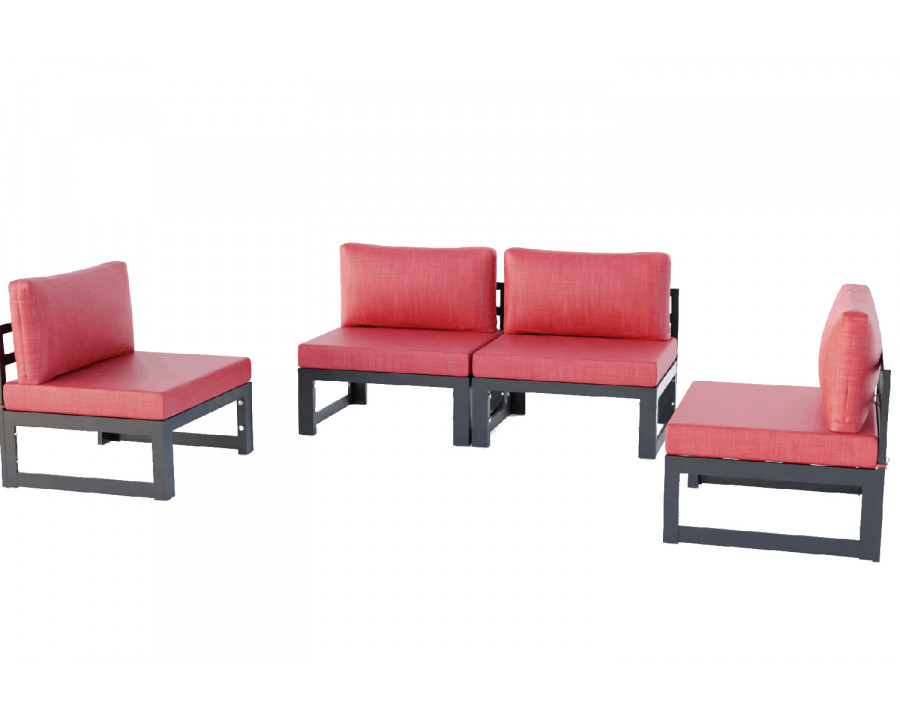 LeisureMod Chelsea 4-Piece Middle Patio Chairs Black Aluminum with Cushions - Red