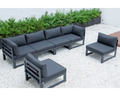 LeisureMod Chelsea 6-Piece Patio Sectional In Black Aluminum with Cushions - Black