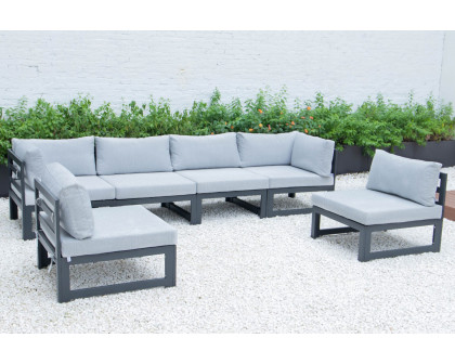 LeisureMod Chelsea 6-Piece Patio Sectional In Black Aluminum with Cushions - Light Gray