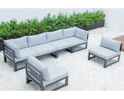 LeisureMod Chelsea 6-Piece Patio Sectional In Black Aluminum with Cushions - Light Gray