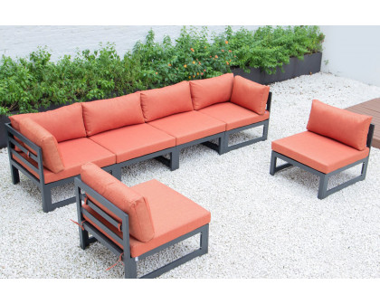 LeisureMod Chelsea 6-Piece Patio Sectional In Black Aluminum with Cushions - Orange