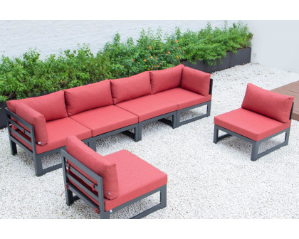 LeisureMod Chelsea 6-Piece Patio Sectional In Black Aluminum with Cushions - Red