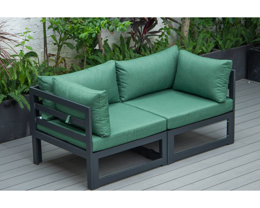 LeisureMod Chelsea 2-Piece Sectional Loveseat Black Aluminum with Cushions - Green