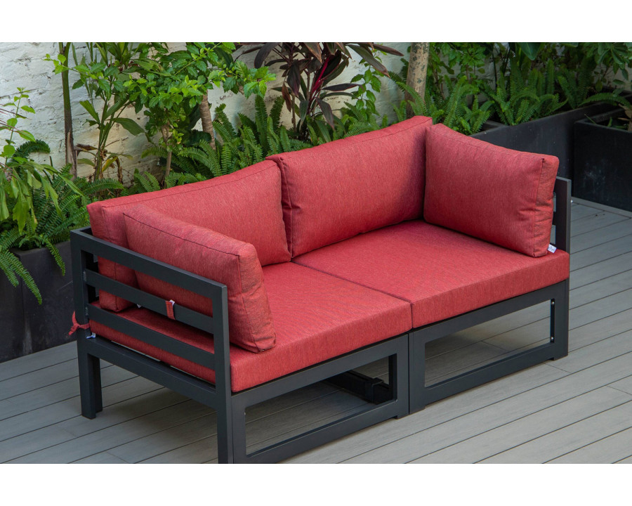 LeisureMod Chelsea 2-Piece Sectional Loveseat Black Aluminum with Cushions - Red