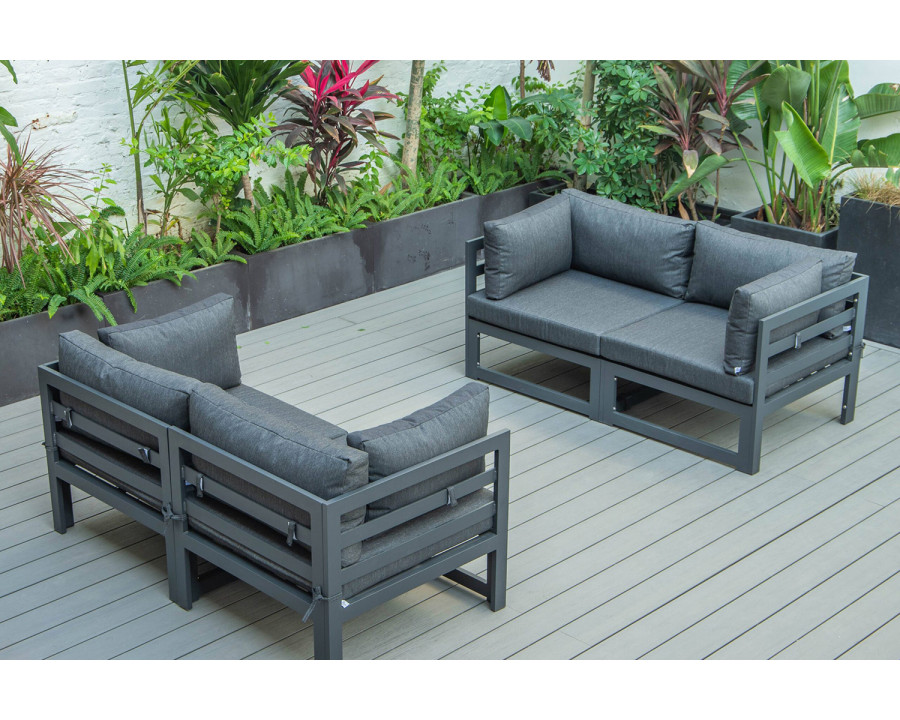 LeisureMod Chelsea 4-Piece Sectional Loveseat Set Black Aluminum with Cushions - Black