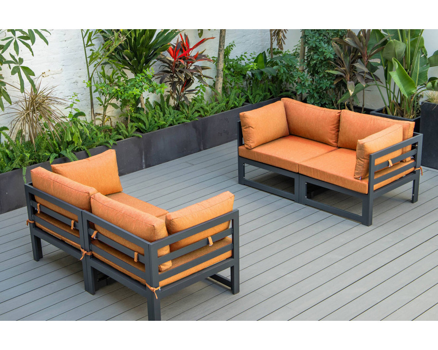 LeisureMod Chelsea 4-Piece Sectional Loveseat Set Black Aluminum with Cushions - Orange