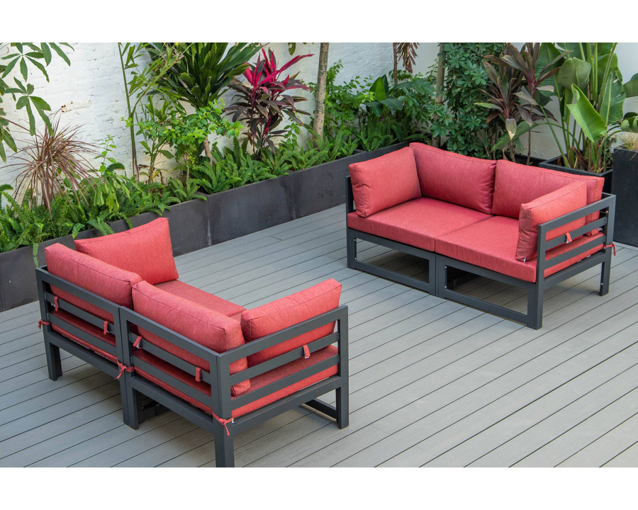 LeisureMod Chelsea 4-Piece Sectional Loveseat Set Black Aluminum with Cushions - Red