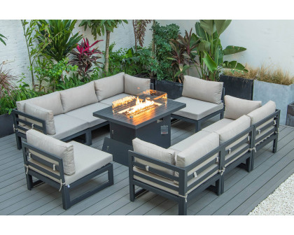 LeisureMod Chelsea 9-Piece Patio Sectional with Fire Pit Table Black Aluminum with Cushions