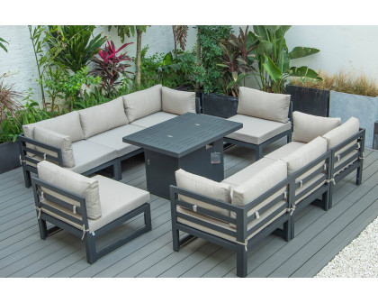 LeisureMod Chelsea 9-Piece Patio Sectional with Fire Pit Table Black Aluminum with Cushions - Beige