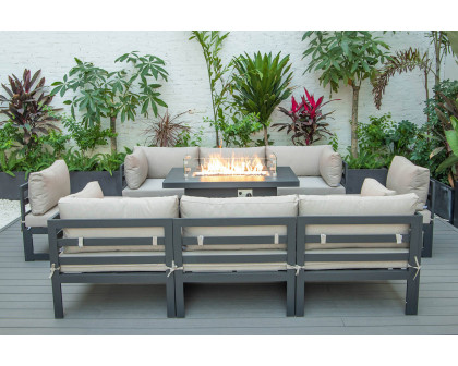 LeisureMod Chelsea 9-Piece Patio Sectional with Fire Pit Table Black Aluminum with Cushions - Beige