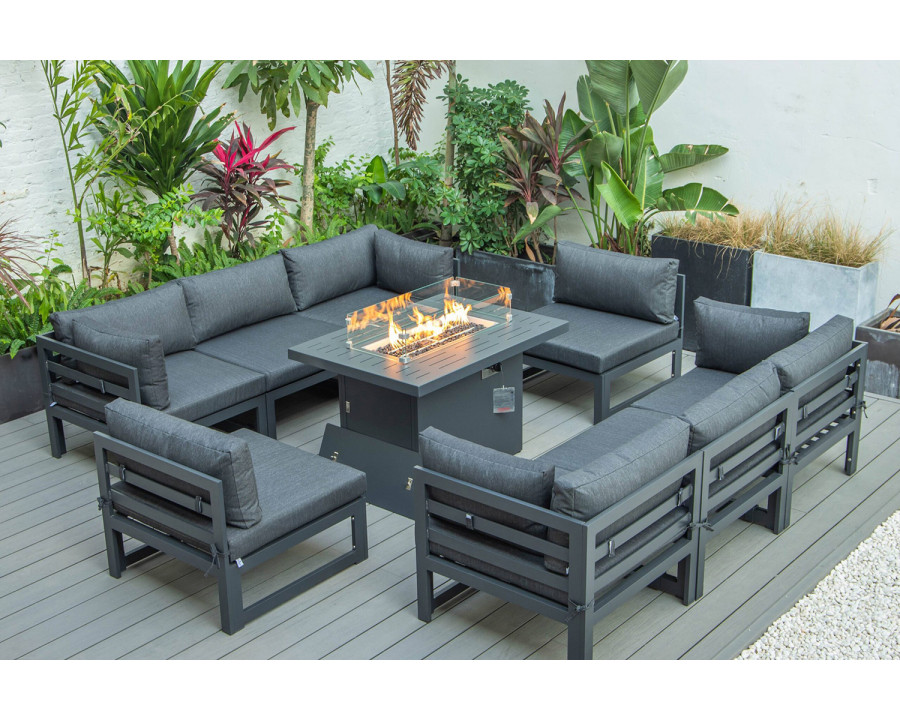 LeisureMod Chelsea 9-Piece Patio Sectional with Fire Pit Table Black Aluminum with Cushions