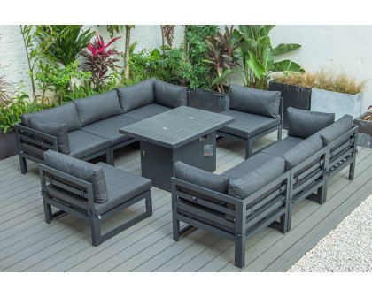 LeisureMod Chelsea 9-Piece Patio Sectional with Fire Pit Table Black Aluminum with Cushions