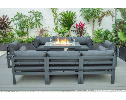 LeisureMod Chelsea 9-Piece Patio Sectional with Fire Pit Table Black Aluminum with Cushions - Black