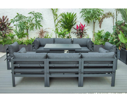 LeisureMod Chelsea 9-Piece Patio Sectional with Fire Pit Table Black Aluminum with Cushions - Black