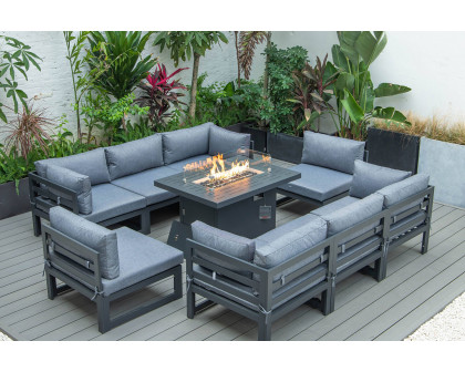 LeisureMod Chelsea 9-Piece Patio Sectional with Fire Pit Table Black Aluminum with Cushions