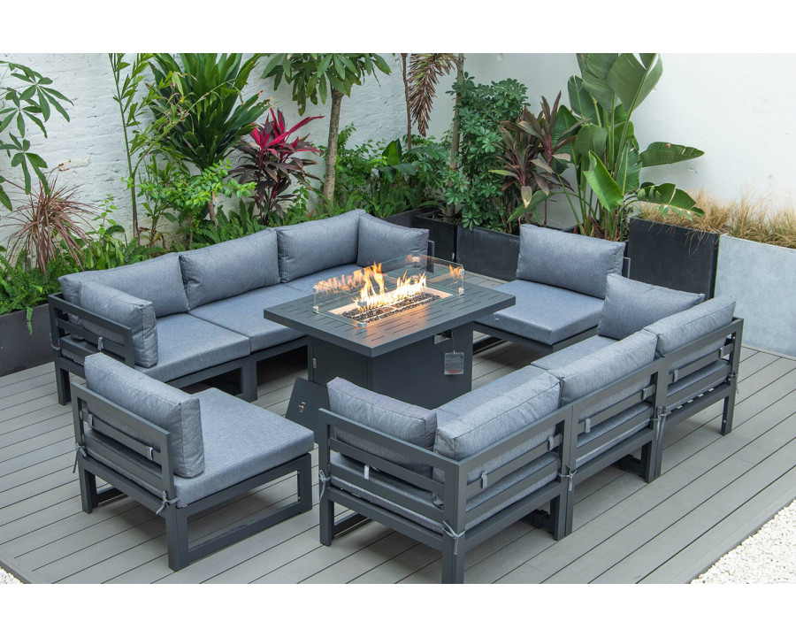 LeisureMod Chelsea 9-Piece Patio Sectional with Fire Pit Table Black Aluminum with Cushions - Blue