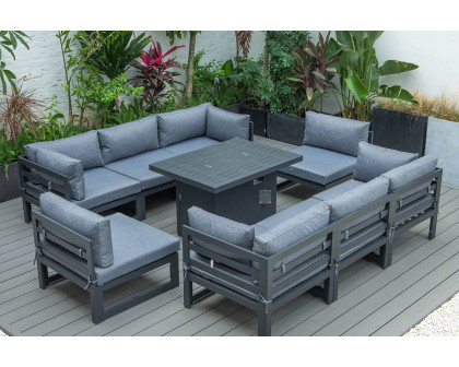 LeisureMod Chelsea 9-Piece Patio Sectional with Fire Pit Table Black Aluminum with Cushions - Blue