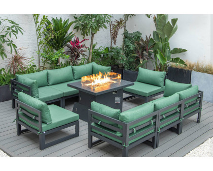 LeisureMod Chelsea 9-Piece Patio Sectional with Fire Pit Table Black Aluminum with Cushions