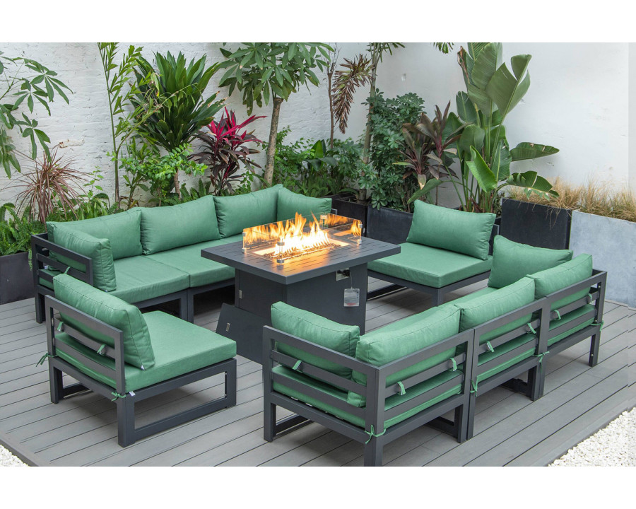 LeisureMod Chelsea 9-Piece Patio Sectional with Fire Pit Table Black Aluminum with Cushions - Green