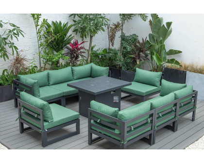 LeisureMod Chelsea 9-Piece Patio Sectional with Fire Pit Table Black Aluminum with Cushions - Green