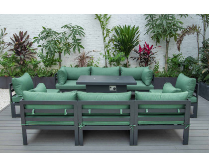 LeisureMod Chelsea 9-Piece Patio Sectional with Fire Pit Table Black Aluminum with Cushions - Green