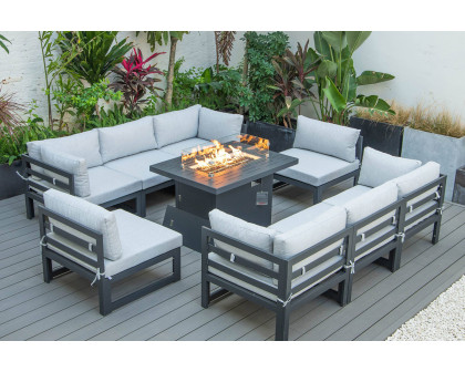 LeisureMod Chelsea 9-Piece Patio Sectional with Fire Pit Table Black Aluminum with Cushions