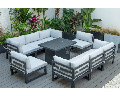 LeisureMod Chelsea 9-Piece Patio Sectional with Fire Pit Table Black Aluminum with Cushions - Light Gray