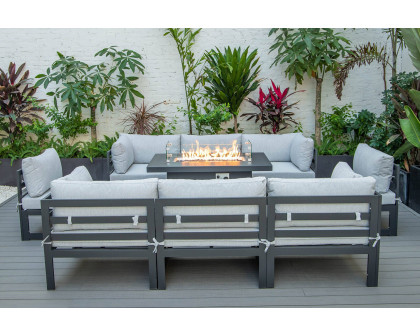 LeisureMod Chelsea 9-Piece Patio Sectional with Fire Pit Table Black Aluminum with Cushions - Light Gray