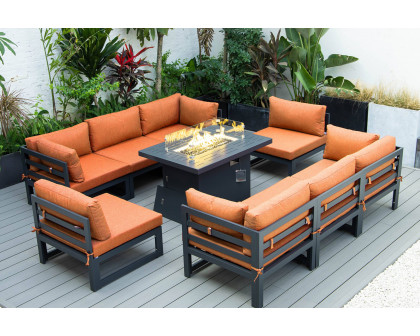 LeisureMod Chelsea 9-Piece Patio Sectional with Fire Pit Table Black Aluminum with Cushions