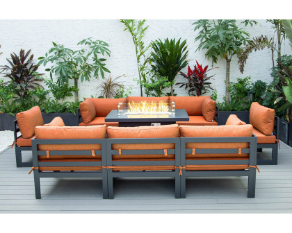 LeisureMod Chelsea 9-Piece Patio Sectional with Fire Pit Table Black Aluminum with Cushions - Orange